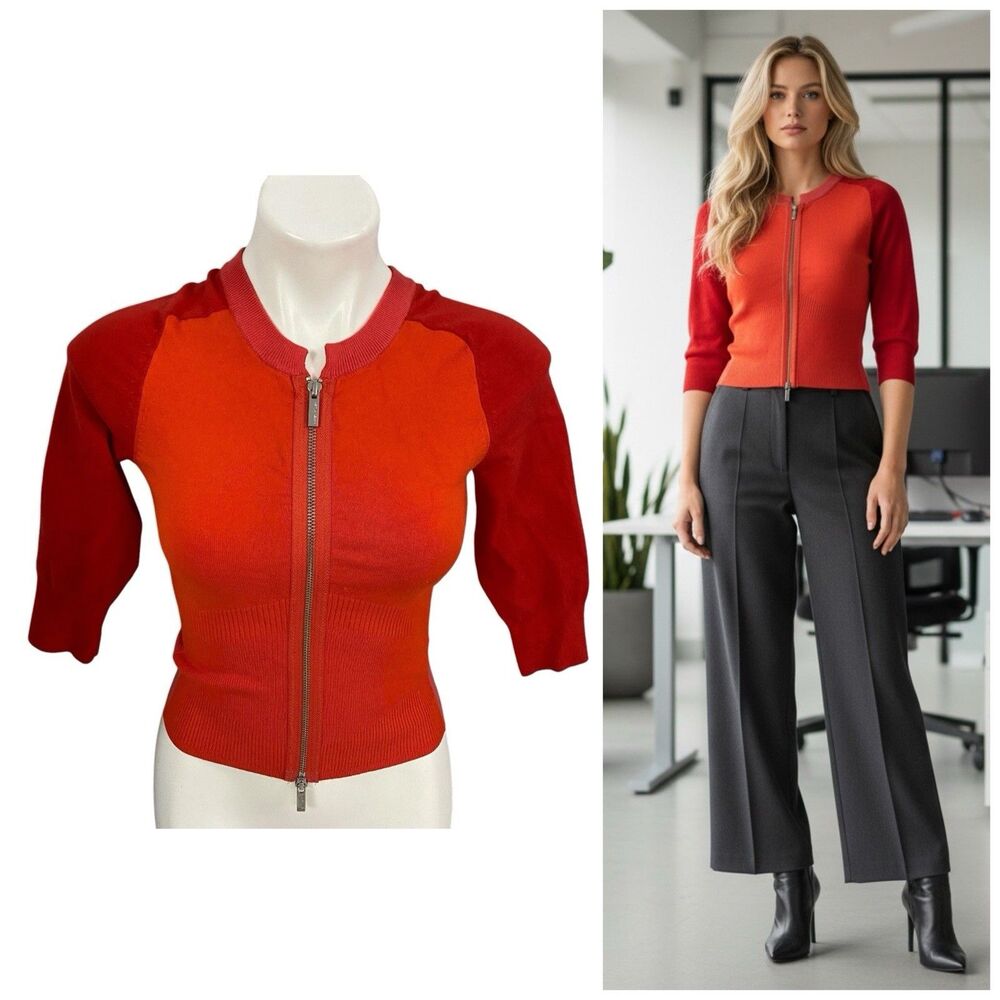 Karen Miller Sweater Womens XS Cardigan Zip Up Orange Basic Career Office Work